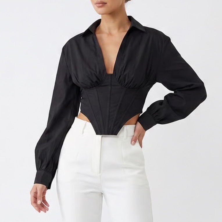 Shein Black Corset Style Cropped Blouse Long Sleeve V-Neck Top Large Klb